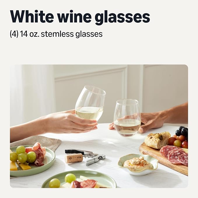 Amazon Basics Stemless White Wine Glasses, 14 oz., Dishwasher-Safe, 4-Piece Set