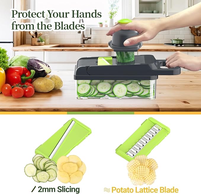 15-in-1 Vegetable Chopper 10 Blades, Veggie Cutter with Handle, Green/Grey | Stainless Steel Blades, Food Container and Lid, Dicer, Slicer, Julienne, Egg Separator, Non-slip Base, Include Cleaning Tools