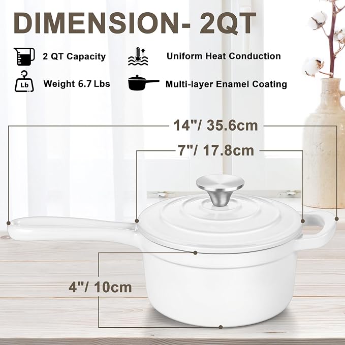 Leonyo 2 Quart Saucepan with Lid, Enameled Cast Iron Dutch Oven Pot, White | For All Cooktops Cooking Pasta, Milk, Soup- Up to 500°F & 6.7Lbs