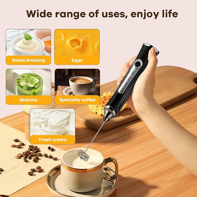 Milk Frother Handheld Rechargeable with Stand 3 Speed Frother Wand | Adjustable Foam Maker Hand Mixer with Detachable Stainless 2 Whisks Electric Coffee Frother Stirrer For Latte, Egg