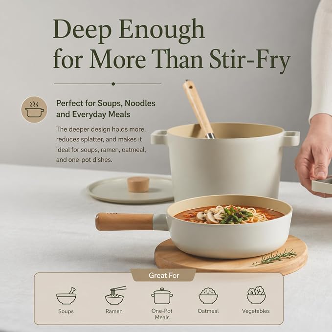 FIKA Small 7-Inch Deep Ceramic Coated Wok Pan, Nonstick Stir Fry & Soup Pan with Natural Wooden Handle, Induction Compatible for All Stovetops, Made in Korea (18cm)