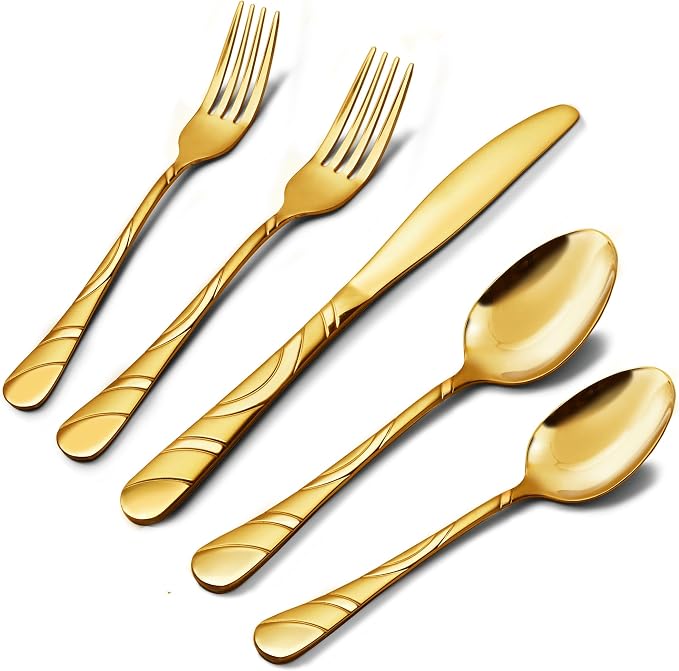 40-Piece Gold Silverware Set for 8, 18/0 Frosted & Mirror Finish Stainless Steel Vintage Flatware Set, Modern Cutlery Set for Home Wedding Restaurant Housewarming Party Event Serving For 8