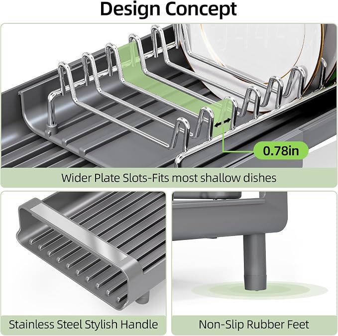 TOOLF Small Dish Drying Rack, Expandable and Space-Saving, Gray | Mini Dish racks for kitchen counter, Compact Design Fits Sink or Counter, Stainless Steel Plate Rack, 11"-19.3"L×7.7"W×3.54"H
