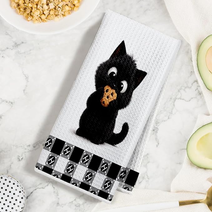 Jztco 2 Pcs Cute Cat Kitchen Towels, Cat Gifts Reusable Hand Towels-1 | Cat Dish Cloths for Drying Dishes, Cats Waffle Dish Towels for Kitchen Bathroom Decor, Cat Lover Gifts for Women Grandma Mom