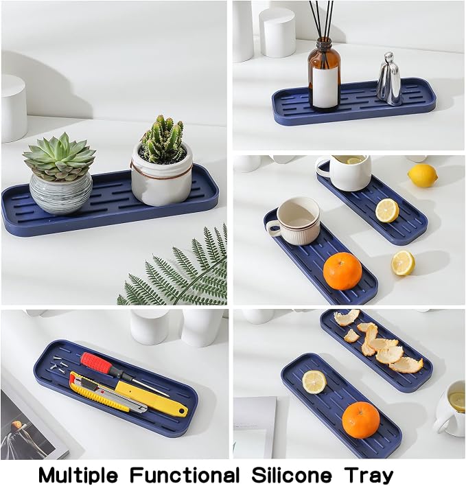 MicoYang Silicone Kitchen Sink Organizer Tray for Multiple Usage,Eco-Friendly Sponges Holder for Kitchen Bathroom Counter or Sink,Dish Soap Dispenser,Scrubber,Bottle,Cup (Navy Blue, 12"×4")