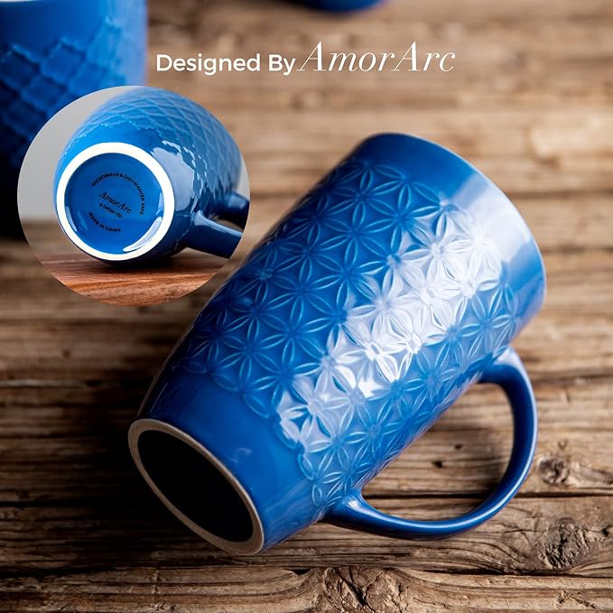 AmorArc 20 oz Large Coffee Mugs Set of 6, Tall Ceramic Coffee Cups | 3 Assorted Designs, Embossed Ceramic Coffee Mugs with Large Handle for Coffee/Tea/Cappuccino, Dishwasher&Microwave Safe