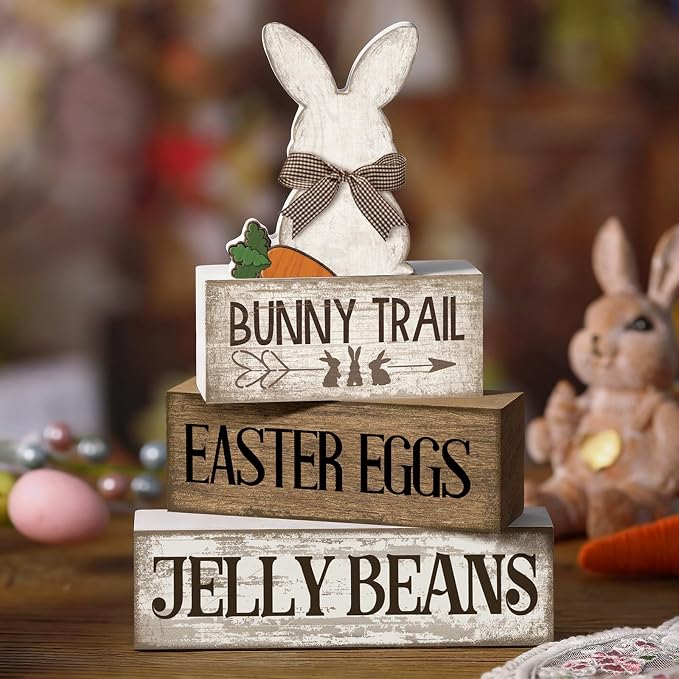 Lineshading 4 Pcs Wooden Easter Rabbit Block Signs Farmhouse Tiered Tray | Rustic Tabletop Signs for Tiered Tray, School Beach Theme Decor, Christmas Farmhouse Gift, Travel Wood Shelf Display