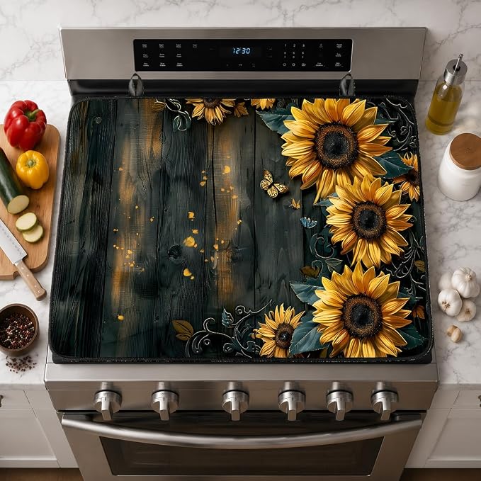 Electric Stove Top Cover for Glass Top, Sunflower Farmhouse Decor – Heat Resistant Flat Stove Top Covers, Decorative Scratch Protector Mat for Glass Ceramic Cooktop, Non-Slip, 28"x20"