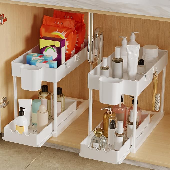 2 Pack Under Sink Organizers and Storage, 2-Tier Sliding Cabinet Organizer Drawer for Bathroom and Kitchen – Multi-Purpose Cabinet Organizer with Easy Pull-Out Design (White)