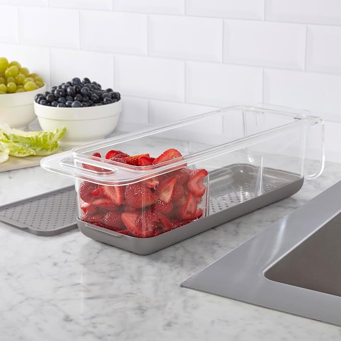 Copco Over the Sink Colander Fridge Storage Bin with Lid - Refrigerator Organizer for Fruits Vegetables Produce - Clear Design with Built-In Handles, Removable Drain Cover