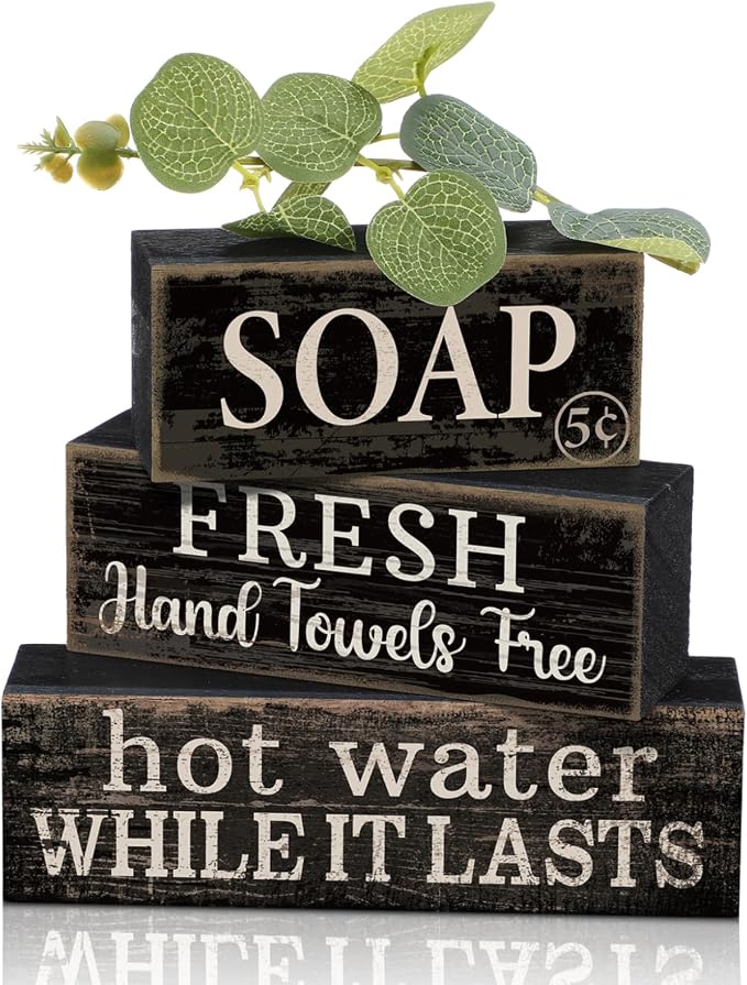 Lineshading 4 Pcs Wooden Bathroom Block Signs, Farmhouse Shelf Decor | Stackable Tiered Tray Pieces with Vintage Sayings, Rustic Bathroom Shelf Accents, Distressed Black Wood Tabletop Display