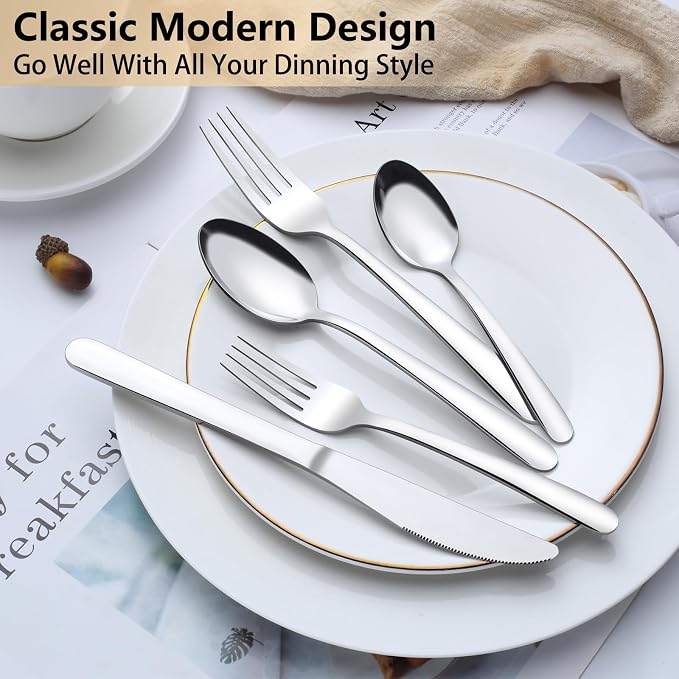 Pleafind 65-Piece Silverware Set with Serving Utensils - Mirror Polished Stainless Steel Flatware Set for 12, Elegant Dining Cutlery Set with Steak Knives, Round Edge Utensils for Home, Wedding Party