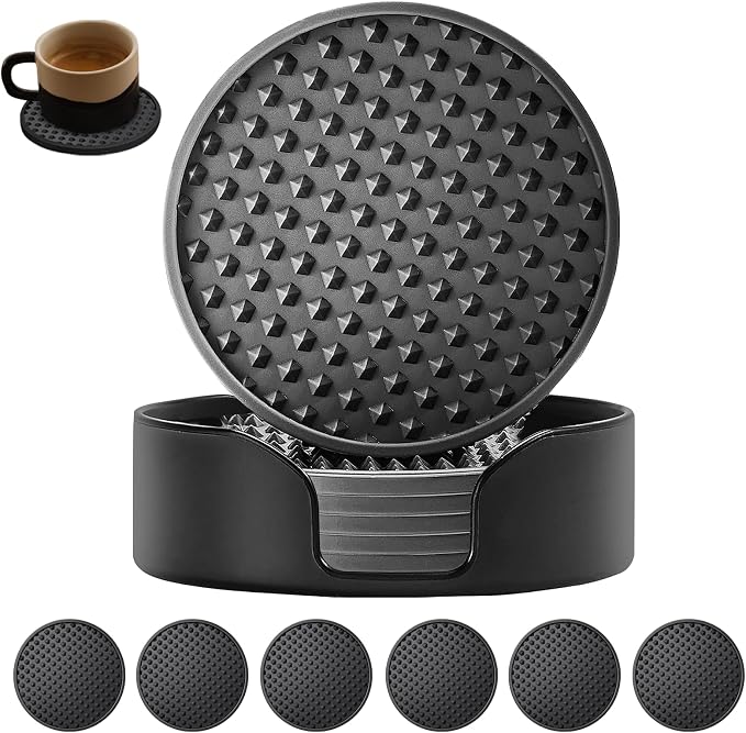 Silicone Coasters 6 Pack with Holder, Non-Slip Non-Stick Heat Resistant Cup Mat, Washable for Home Office Bar (Black)
