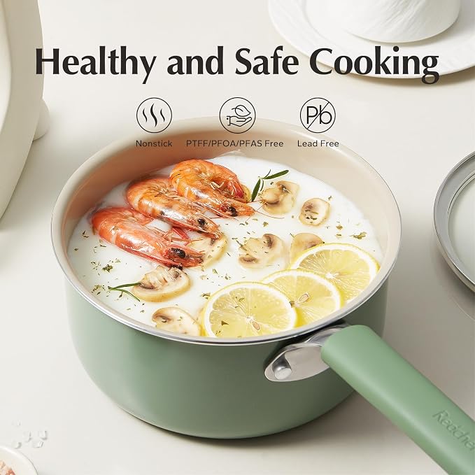 Redchef Ceramic Nonstick Saucepan with Lid, 2.5QT Small Cooking Pot, Non Toxic Sauce Pans for Kitchen, Cool Handle PFAS Free Compatible with All Cooktops, Green