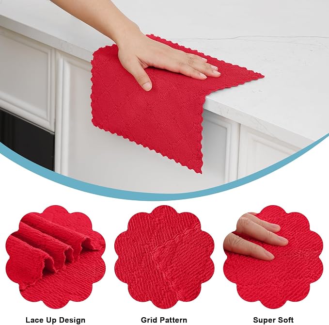 Homaxy 12 Pack Super Soft Absorbent Dish Cloths, 10" x 10", Red | Coral Velvet, Nonstick Oil Fast Drying Microfiber Cleaning Cloth, No Lint Household Dishcloths