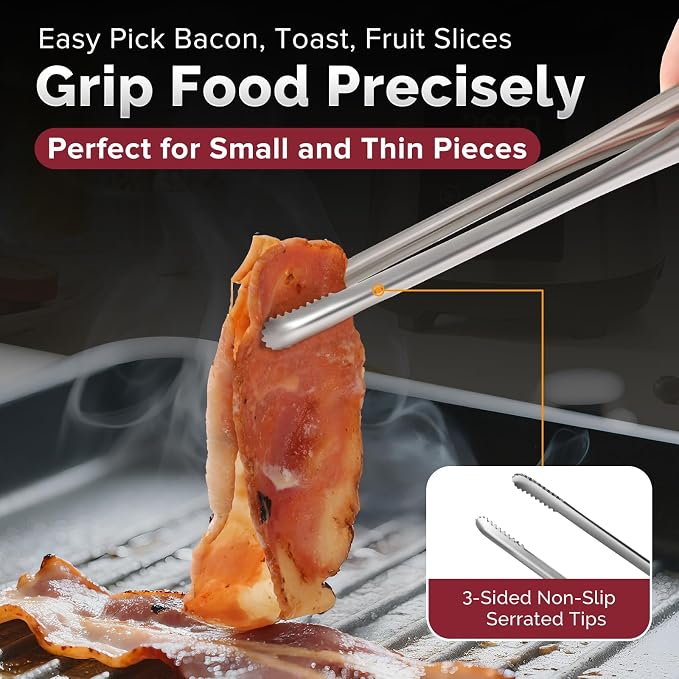 Precise Serrated Non-Slip Tips Cooking Tongs (9.5" & 11.5" & 13.5") | Durable 18/8 Stainless Steel Metal Tweezers Tongs, Lightweight Easy Control for Frying, Plating, BBQ, Easy to Care & Clean