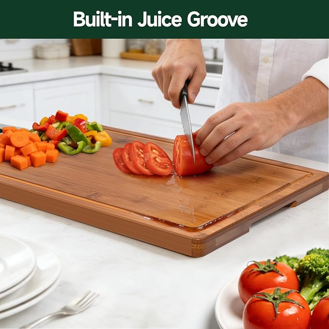 3-Piece Set Deep-Carbonized Bamboo Cutting Board for Kitchen, Carbonized | Crack-Resistant Wood Chopping Boards with Deep Juice Grooves, Pre-Oiled Butcher Block for Meat, Vegetables & Cheese