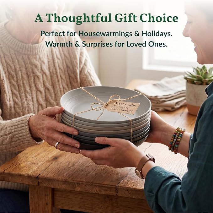 Deep Dinner Plates Set of 8 Alternative for Plastic Microwave and Dishwasher Safe Wheat Straw Kitchen Unbreakable Kids with 4 Colors (Stone Grey, 8 inch),(Deep plates-8)