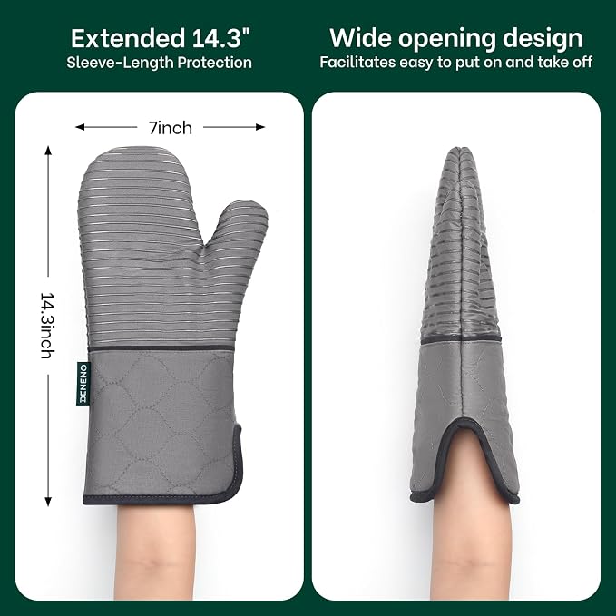 Beneno Heat Resistant 500°F Kitchen Oven Mitts 2-Pack, 7.5"x14.3", Gray | Textured Non-Slip Silicone Grip, Extra Long Forearm Protection, Soft Quilted Cotton Terry Lining, Ideal for Baking & Grilling