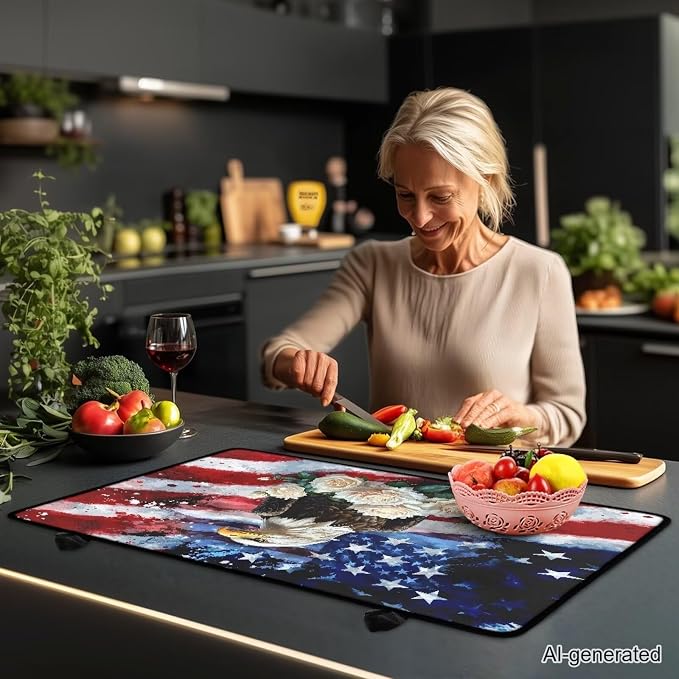 4th of July Gas Burners Top Covers, American Flag Eagle, Soft Extra Large Stove Top Cover for Electric Non-Slip Rubber Base Surface Heart Resistant Oven Cover Mat 30x21 Inch