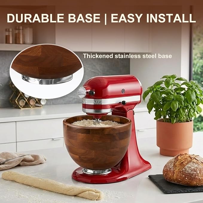 Wood Mixing Bowl Suitable for 4.5-5 QT Tilt-Head Stand Mixers - Natural Wooden Kitchen Accessory - Fits K45 KSM150 Series Natural Wood Mixing Bowl with Steel Locking Base