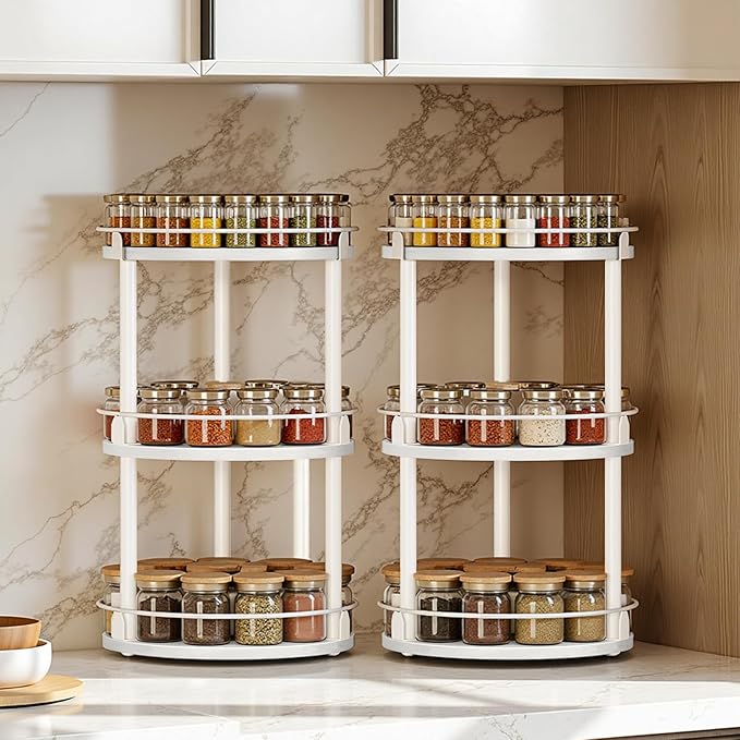 Spice Rack, Set of 2 Lazy Susan Organizer, 3-Tier Turntable Organizer For Cabinet, Compact and Versatile, for Kitchen Countertop, White SR23L2WW