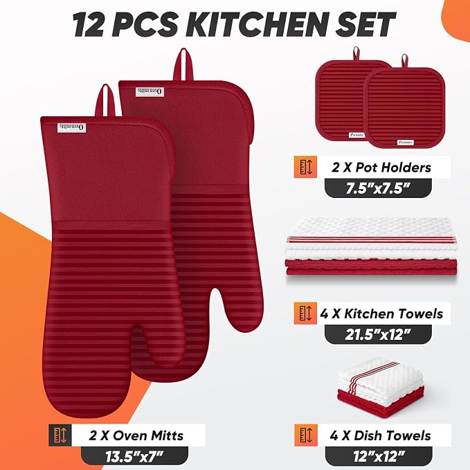 Oven Mitts Kitchen Towels and Dishcloths with Pot Holders Sets, Oven Gloves Hot Pads 500°F Heat Resistant with Silicone Grip, Include 2 Cooking Gloves/2 Potholders/4 Kitchen Towels/4 Dish Towels-Red