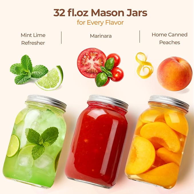 ComSaf 32 oz Wide Mouth Mason Jars 2 Pack Large Glass Jars with Lids | BPA-Free Materials, Quart Size, Chunky Salsa, Canning Pickling Sauce, Meal Prep Salad, Sourdough, Jam Jelly, Meal Prep