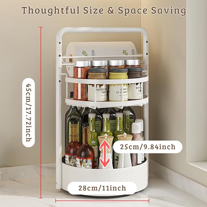 Rotating Spice Rack with Paper Towel Holder, White | 2 Tier Turntable Lazy Susan, Durable Iron, Seasoning Organizer, For Kitchen Countertop