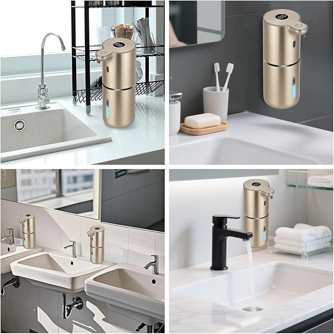 OHIFAST Automatic Foaming Soap Dispenser Touchless, USB Rechargeable Smart Hand Soap Dispenser, 6-Level Adjustable, 12.8oz/380mL Wall Mounted for Bathroom Kitchen Dish Soap-Gold