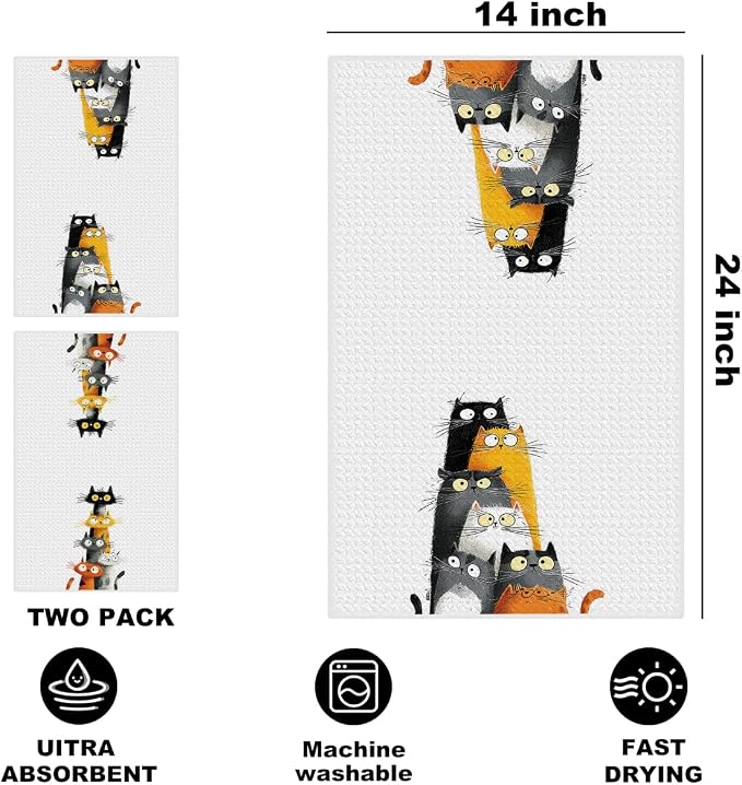 2 Pcs Cute Cat Kitchen Towels, Funny Cats Gifts Absorbent Hand Towels-04 | Cat Dish Cloths for Drying Dishes, Cats Waffle Dish Towels for Kitchen Home Bathroom Decor, Cat Lover Gifts for Women Mom