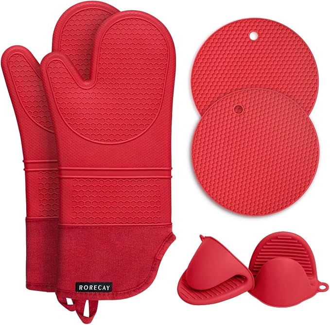 RORECAY Silicone Oven Mitts and Pot Holders Sets, Gloves for Kitchen, Red | Set of 6 Kitchen Mitts for Baking & Cooking, Heat Resistant 500 ℉, 15" Extra Long, Non-Slip & Waterproof, Quilted Cotton