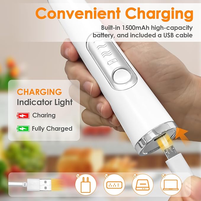 Milk Frother Handheld, Rechargeable Coffee Frother Wand, Drink Mixer, White | Electric Foam Maker with 2 Stainless Whisks 3 Speeds, Hand Mixer for Lattes, Cappuccino, Matcha, Egg