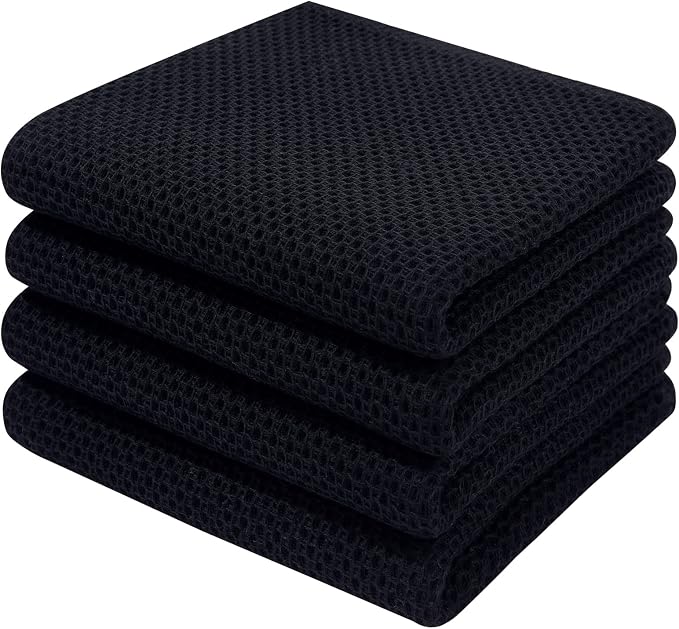 Homaxy 100% Cotton Waffle Weave Kitchen Dish Towels 4-Pack, Black | 13 x 28 Inches, Ultra Soft Absorbent Dish Towels, Quick Drying Cleaning Towels