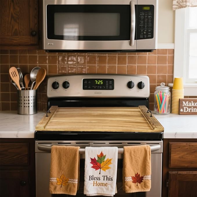 Gas Stove Top Cover with Handles, Wooden Noodle Board for Electric Gas Stovetop, 30 x 22 Inches, Light Brown