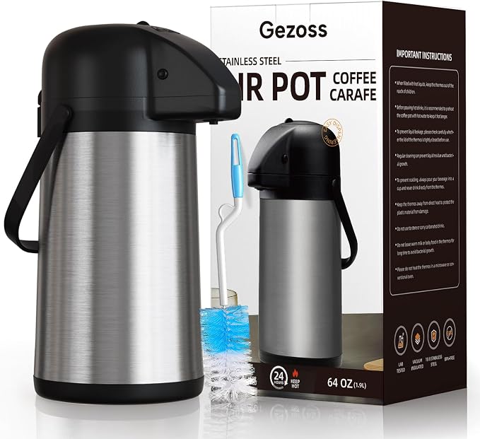 Coffee Carafe for Keeping Hot, 64OZ Airpot Coffee Dispenser with Pump | Large Thermal Coffee Urn for Hot Drinks Tea Liquid, 304 Insulated Stainless Steel Hot Water Beverage Dispenser for Parties