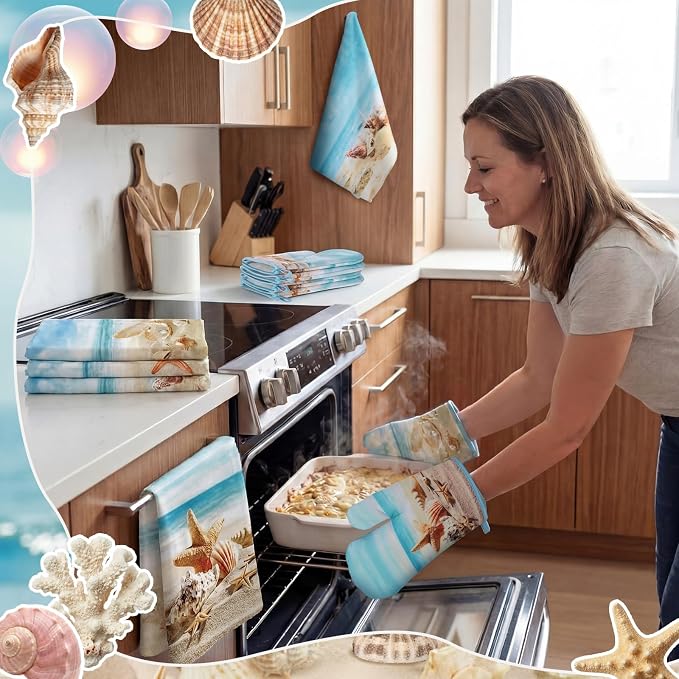 SiliFine 12 Pcs Beach Seashell Kitchen Accessories Set Coastal Starfish Pot Holders Seashell Oven Mitts Ocean Beach Kitchen Towels for Summer Home Decorations, Cooking Baking Housewarming Gifts