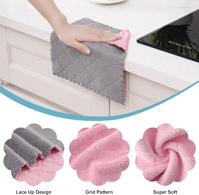 Homaxy 12 Pack Super Soft Dish Cloths, 10" x 10", Grey & Pink | Coral Velvet, Nonstick Oil Fast Drying Microfiber Cleaning Cloth, No Lint Household Dishcloths