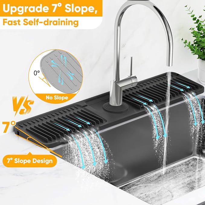 24'' Longer Faucet Mat for Kitchen Sink Splash Guard[7° Slope Fast Self-draining][Snap Lock Fit]Kitchen Sink Faucet Mat Splash Guard Kitchen Sink Area Water Splash Guard Behind Faucet Draining Mat