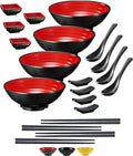 4 Noodle Bowls Set - large 32oz Ramen Bowl Set for authentic Asian Cuisine - with Dipping Bowls, Spoons, Chopsticks & Chopstick Stands. Enjoy Thai Miso Udon Wonton (4 Bowl Set, Red-Black)