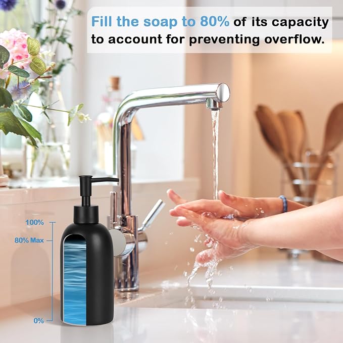 Natheeph Soap Dispenser Fill Dish Soap Hand Soap for Bathroom (2PC Black) | 14OZ, Great for Bathroom/Kitchen Sink, Ceramic Soap Pump Dispenser, Refillable Shampoo, Detergent, Lotion, Shower Gel
