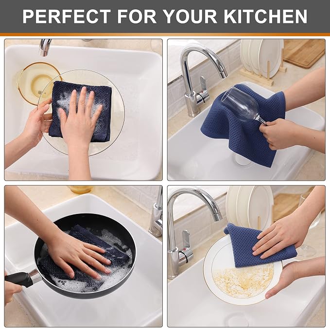 Kitinjoy 100% Cotton Waffle 8-Pack Kitchen Towels, 12" x 12", Navy Blue | Ultra Absorbent, Super Soft, lightweight, Quick Drying Dish Rags for Washing Dishes