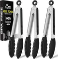 Hotec Mini Silicone Kitchen Tongs for Cooking - 7-Inch Small Serving Tongs with Silicone Tips, Set of 3 (Black)