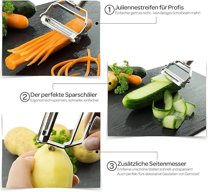 3-in-1 Vegetable Peeler with Julienne Slicer & Potato Eye Remover | Ultra Sharp Stainless Steel Blade | Ergonomic Anti-Slip Handle | Heavy Duty Kitchen Peeler