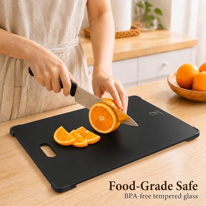 16x12 Black Tempered Glass cutting boards for kitchen dishwasher safe | Non-Slip Corner Guards,Shatter-Resistant,Scratch-Resistant,Food-Safe & Non-Toxic,large cutting board
