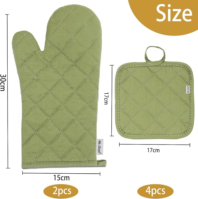Oven Mitts and Pot Holders Sets,6 Pcs Oven Mitts and Potholders with Recycled Cotton High Heat Resistant Extra Thick Long Oven Mitts for Cooking(Green)