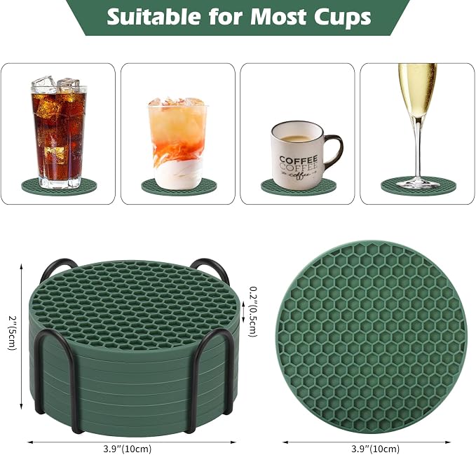 TWTLi Silicone Coasters Set of 8 with Holder — Non-Slip Drink Coasters for Coffee Table, Home Bar & Kitchen, Protects Wood & Marble Surfaces from Water Rings, Dishwasher Safe (Green)