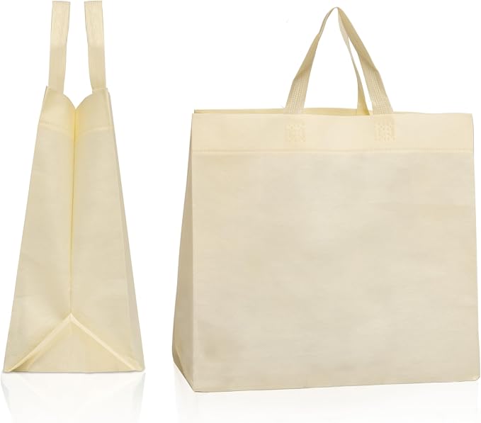 Simply Cool 50 Pack Reusable Grocery Bags, Medium Tote Bags Bulk, Cream | 12.6"x6.3"x11.8" Heavy Duty Non-woven Custom Shopping Bags with Handles, Foldable, Washable for Retail and Commercial use