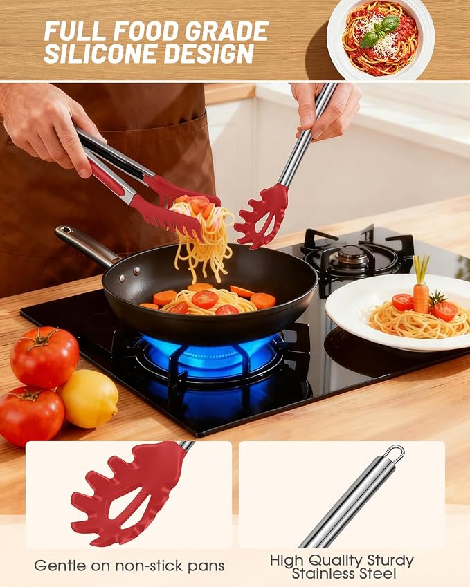 Spaghetti Spoon and Pasta Tong with Teeth and Drain Holes, 2-Piece Non-Stick Silicone Spoon Server Fork with Stainless Steel Handle, Kitchen Tong for Cooking, Serving, Salad and Noodles, Red