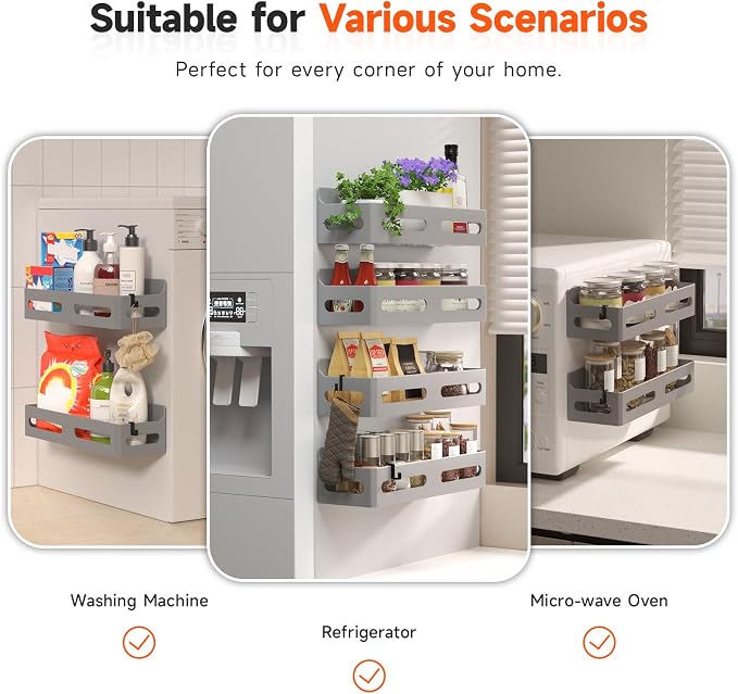 4-Pack Magnetic Spice Rack for Refrigerator with Hooks, Grey | Strong multipurpose magnetic shelf for kitchen & bathroom organization. Includes 4 removable hooks for hanging items.